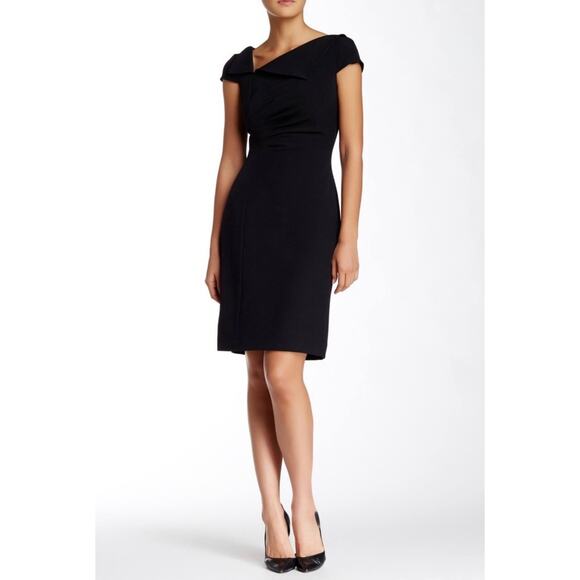 NWT Tahari Size 16 Solid Black Asymmetrical Neck Short Sleeve Sheath Dress - Picture 1 of 12